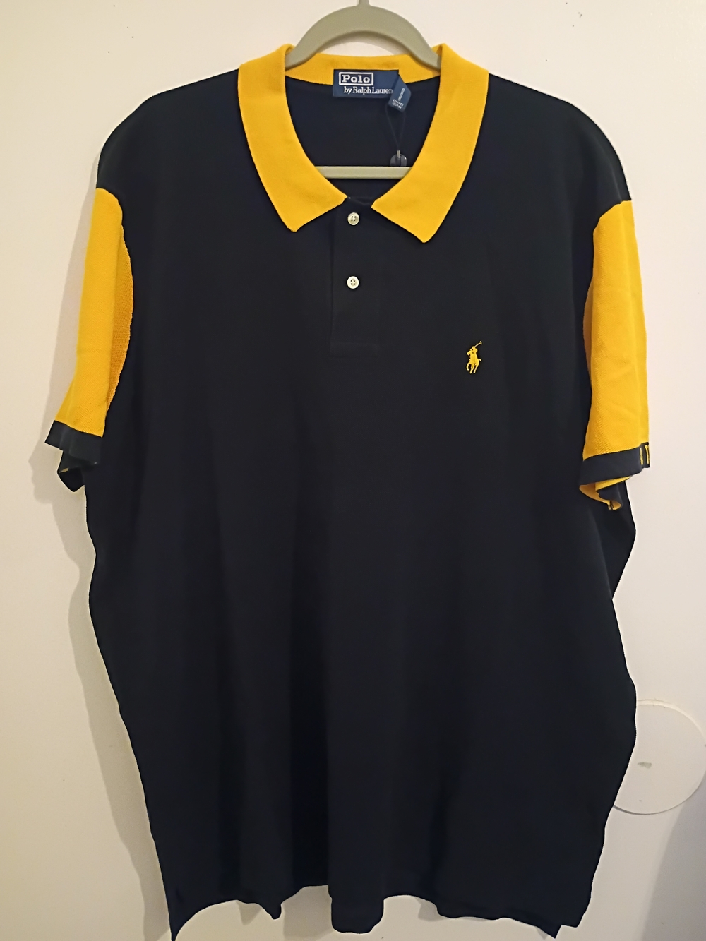 VTG Ralph Lauren Men's Custom Navy and Yellow Colorblock Polo GT Sz XXL